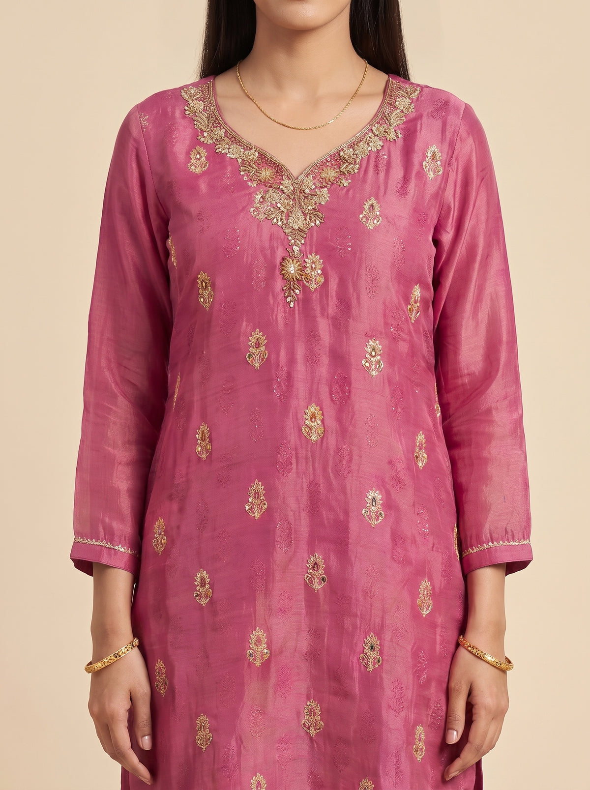 Rose Brocade Dark Gajari Shimmer Readymade Suit And Palazzo With Dupatta - closeup