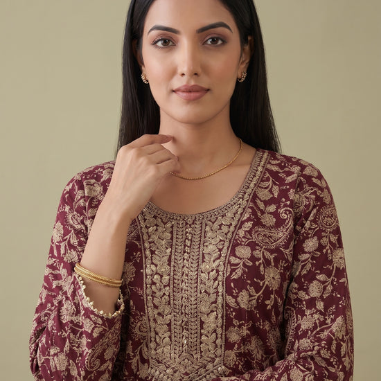 Wine Heritage Garnet Georgette Readymade Embroidered Sharara Set With Net Dupatta - closeup
