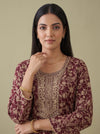 Wine Heritage Garnet Georgette Readymade Embroidered Sharara Set With Net Dupatta - closeup