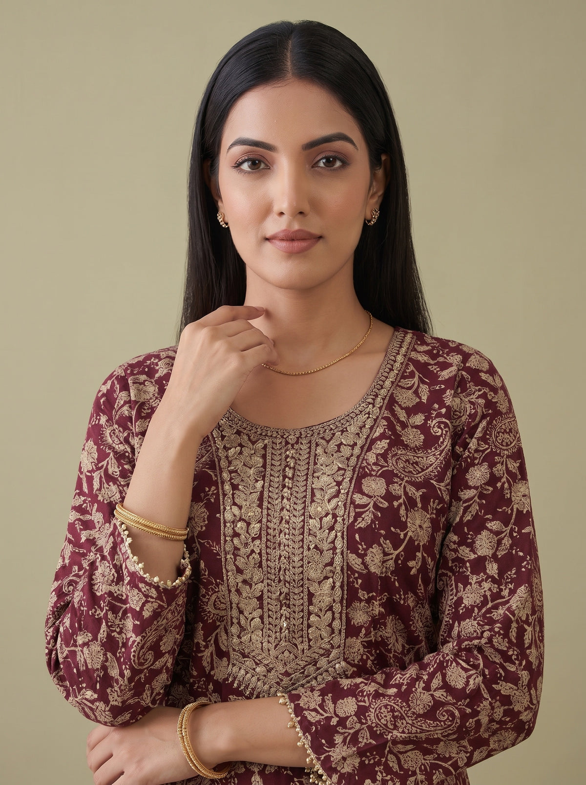 Wine Heritage Garnet Georgette Readymade Embroidered Sharara Set With Net Dupatta - closeup