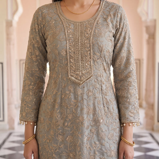 Silver Mist Grey Georgette Readymade Embroidered Sharara Set With Net Dupatta - closeup