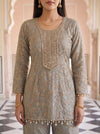 Silver Mist Grey Georgette Readymade Embroidered Sharara Set With Net Dupatta - closeup