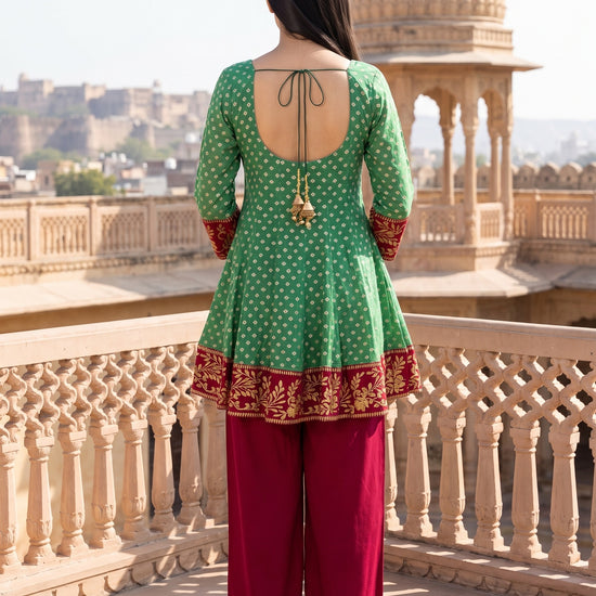 Festive Folk Rama Maroon Chinon Readymade Suit And Palazzo With Bandhani Chinon Dupatta - back