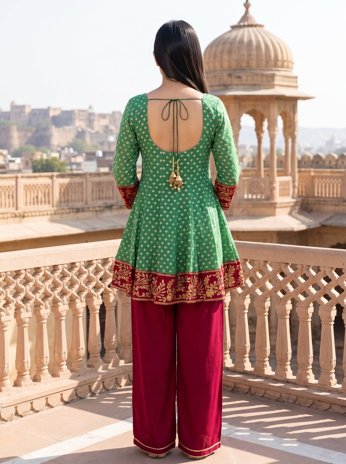 Festive Folk Rama Maroon Chinon Readymade Suit And Palazzo With Bandhani Chinon Dupatta - back