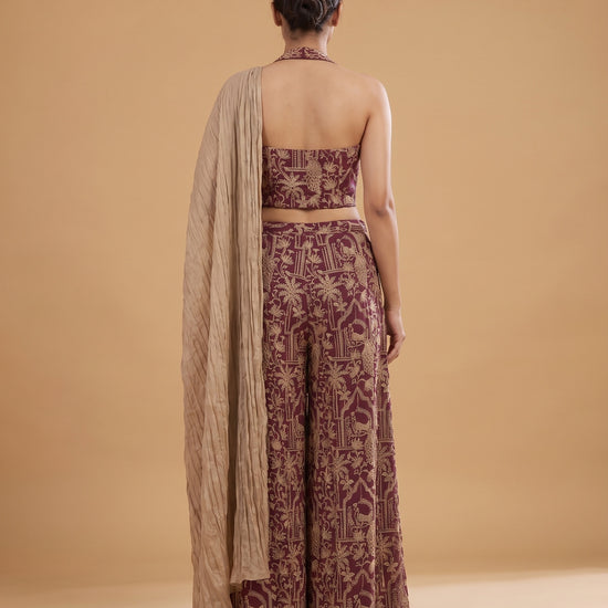 Velvet Dusk Garnet Georgette Readymade Halter Top And Palazzo Set With Crush Tissue Dupatta - back