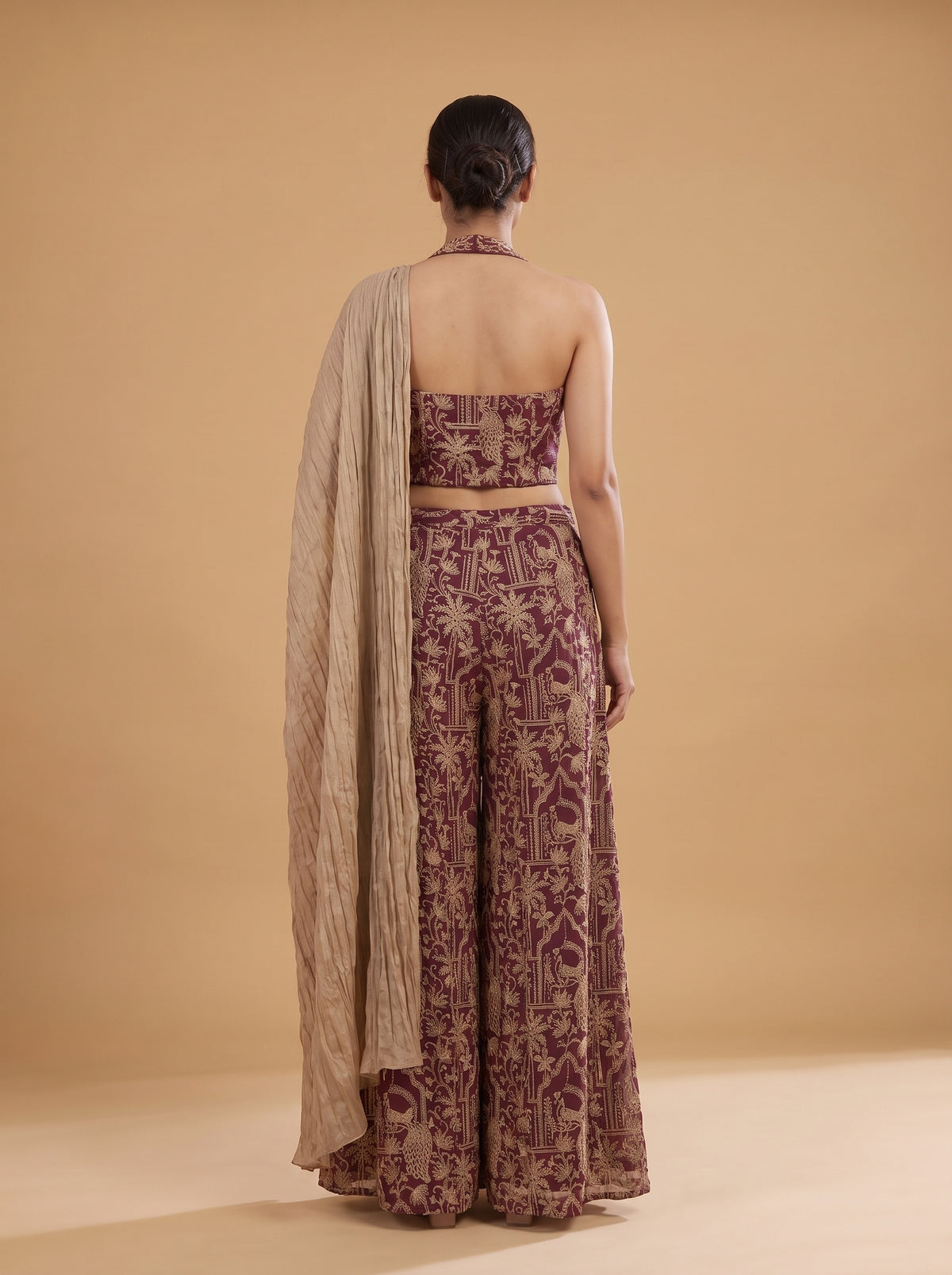 Velvet Dusk Garnet Georgette Readymade Halter Top And Palazzo Set With Crush Tissue Dupatta - back
