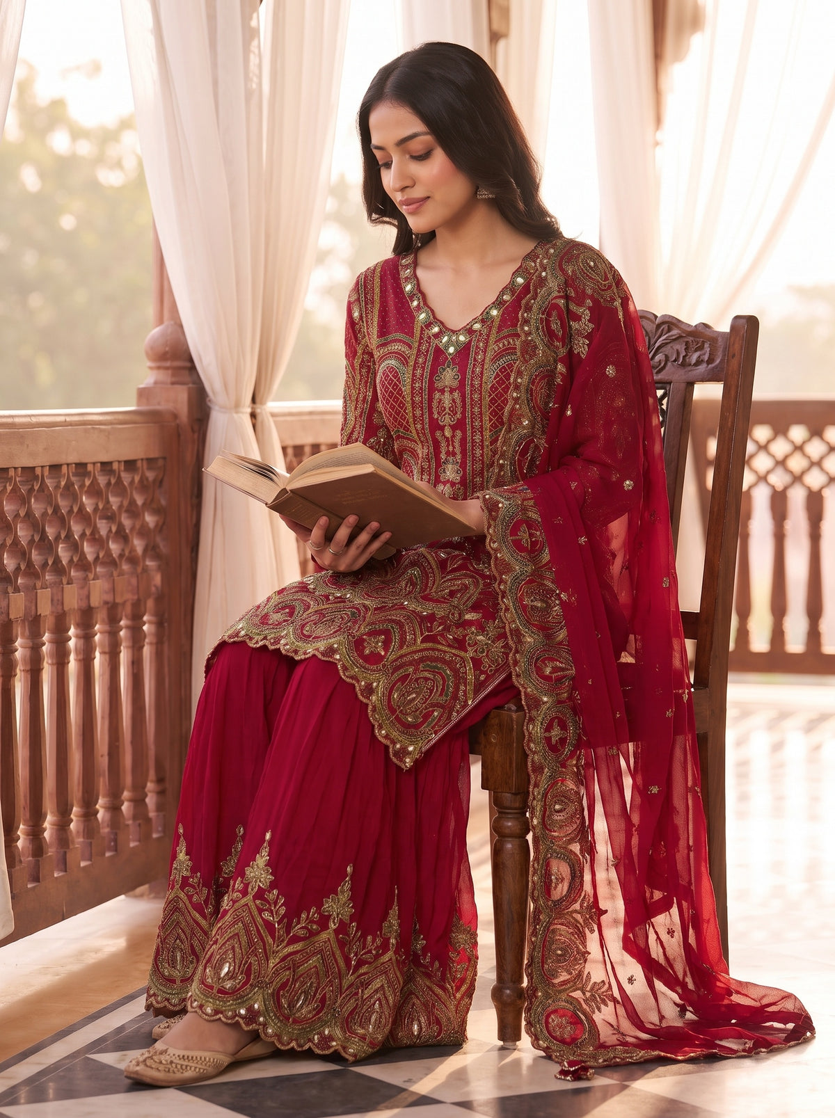 Shahi Bloom Rani Crepe Readymade Gota Patti Sharara Set With Dupatta - mood