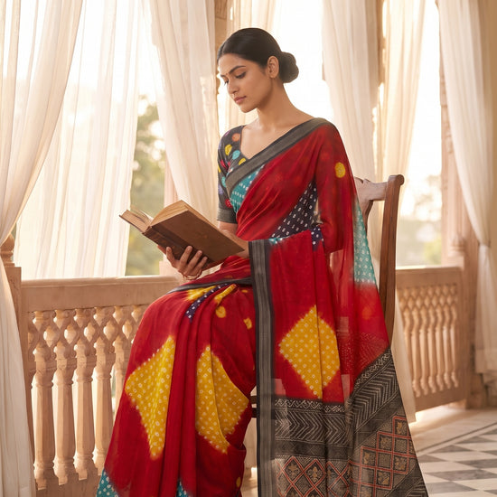 Maroon Chinon Bandhini Printed Saree - Mood