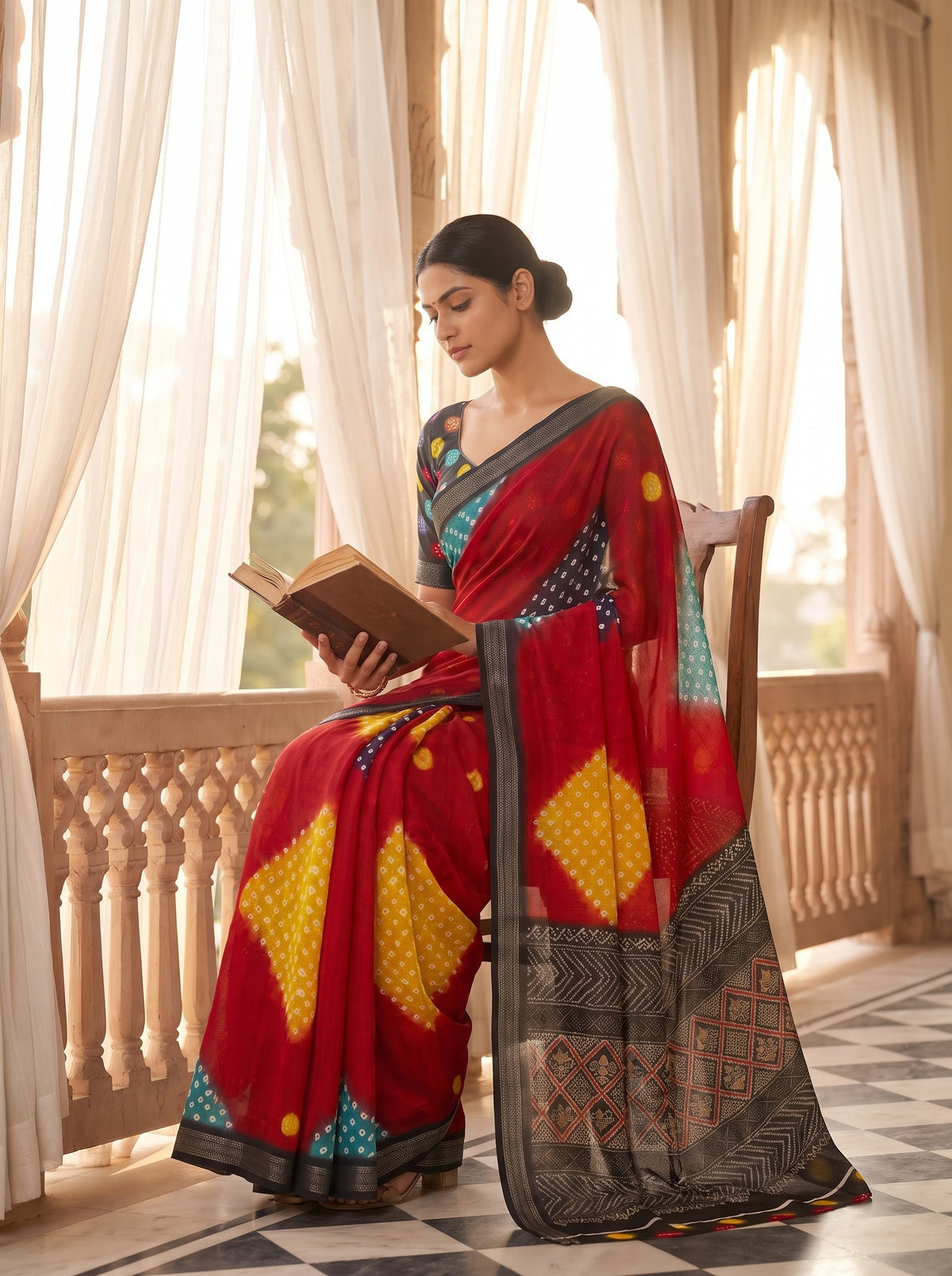 Maroon Chinon Bandhini Printed Saree - Mood