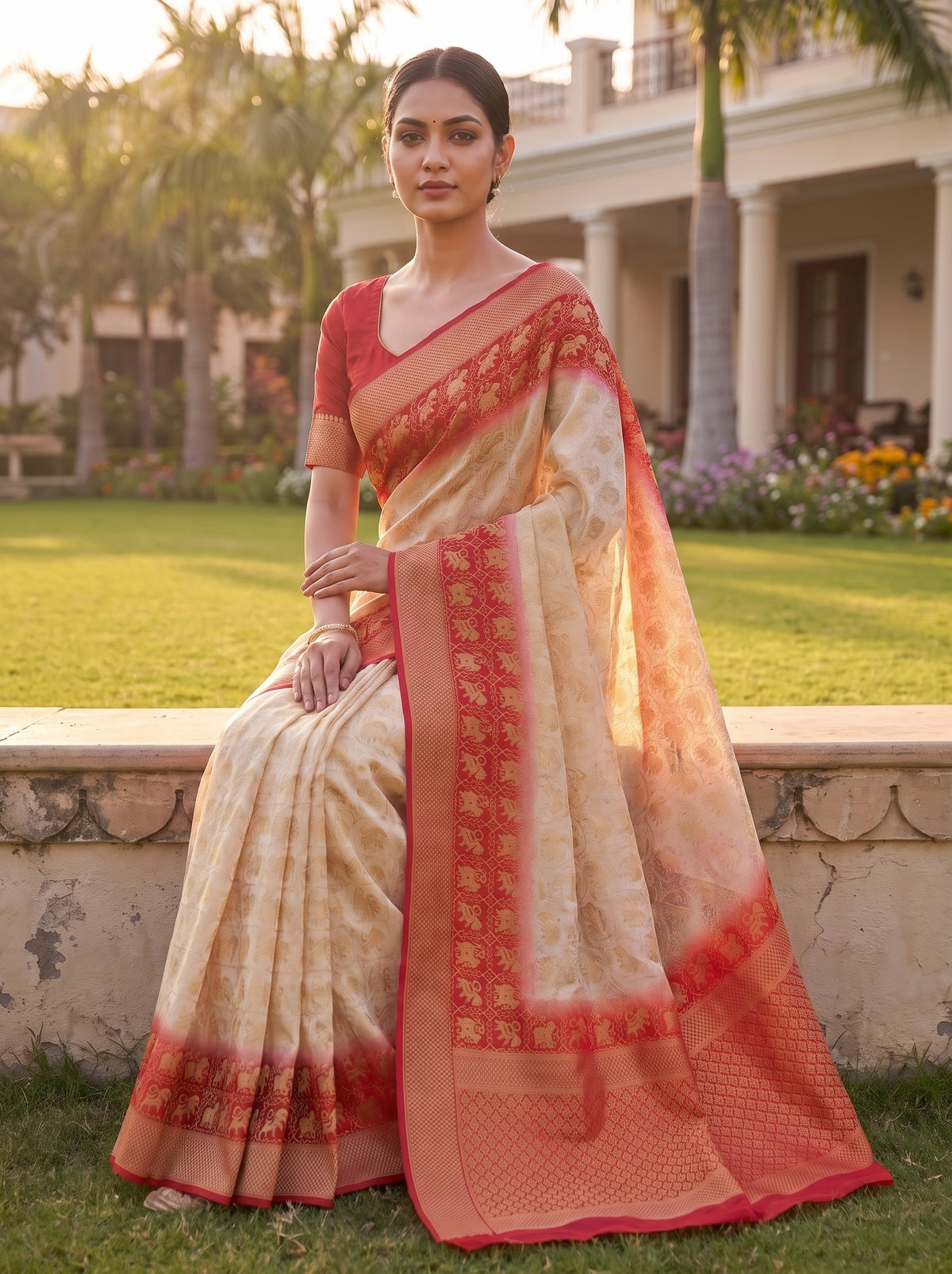 White Red Georgette Saree - Mood
