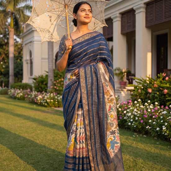 Tusser Navy Muslin Printed Saree - Mood