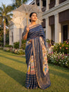 Tusser Navy Muslin Printed Saree - Mood