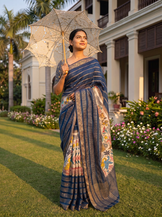 Tusser Navy Muslin Printed Saree - Mood