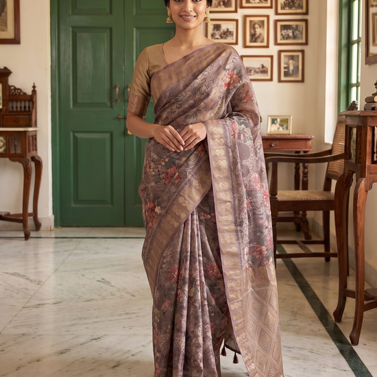 Metallic Mauve Organza Floral Printed Saree - Hero