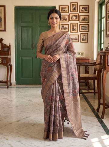 Metallic Mauve Organza Floral Printed Saree - Hero