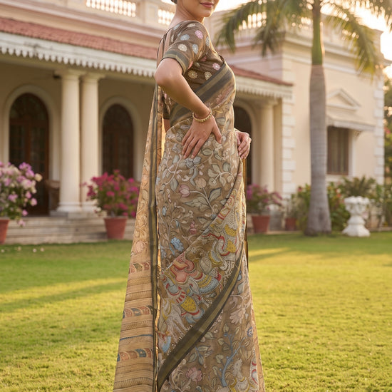 Pista Tussar Cotton Floral Printed Saree - Side