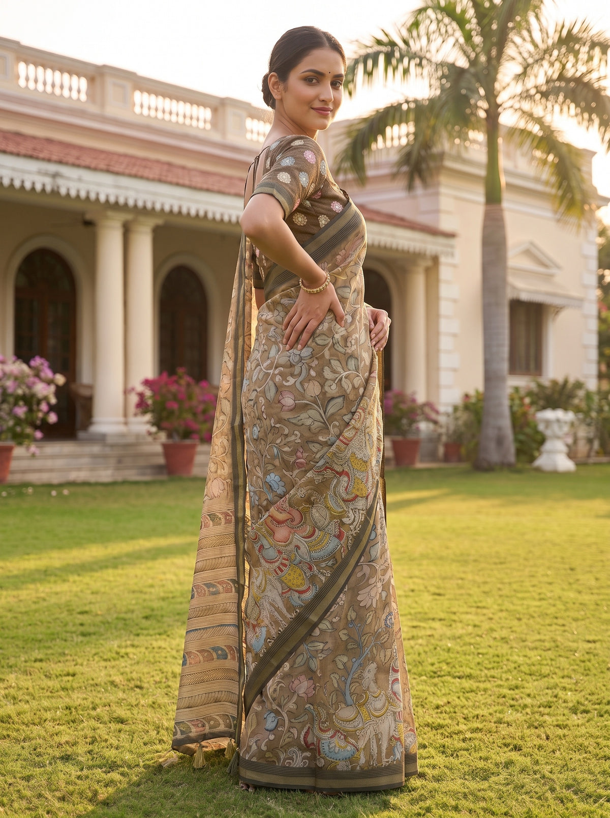 Pista Tussar Cotton Floral Printed Saree - Side