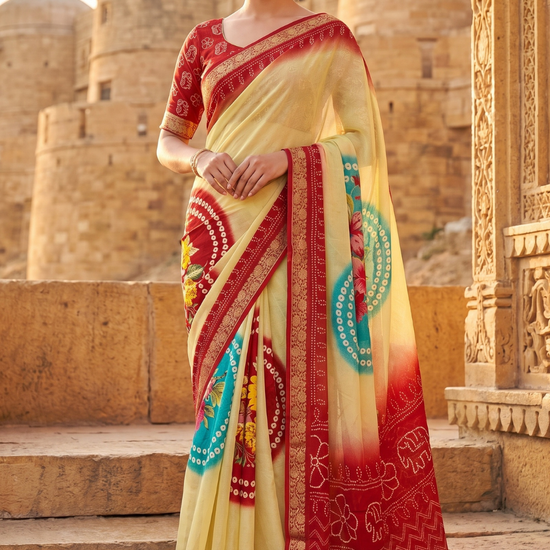 Off White Red Chinon Bandhini Printed Saree - Hero