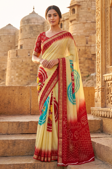 Off White Red Chinon Bandhini Printed Saree - Hero
