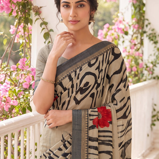 Black Tusser Cotton Floral Printed Saree - Close Up