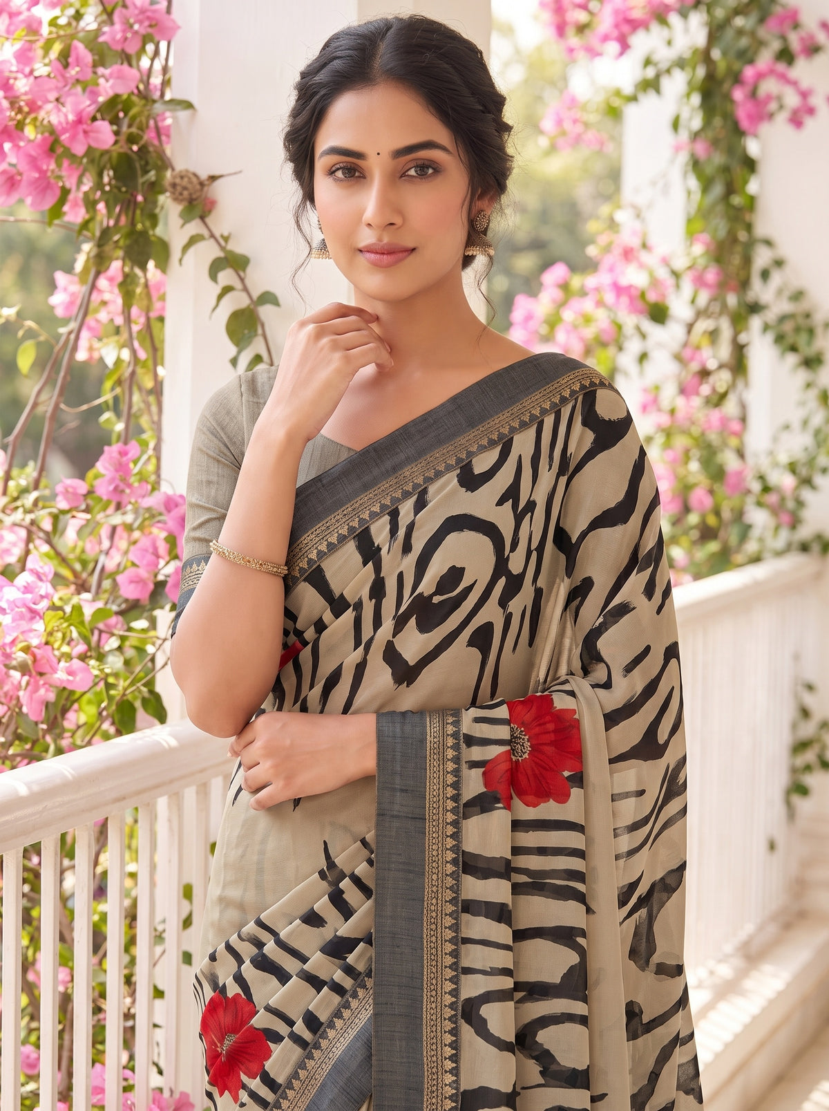 Black Tusser Cotton Floral Printed Saree - Close Up