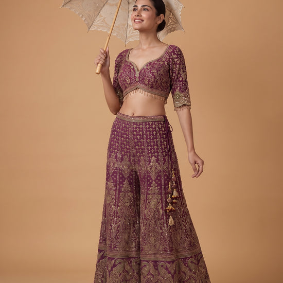 Magenta Mirage Crepe Readymade Crop Top And Sharara Set With Dupatta - mood