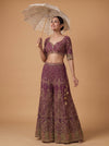 Magenta Mirage Crepe Readymade Crop Top And Sharara Set With Dupatta - mood