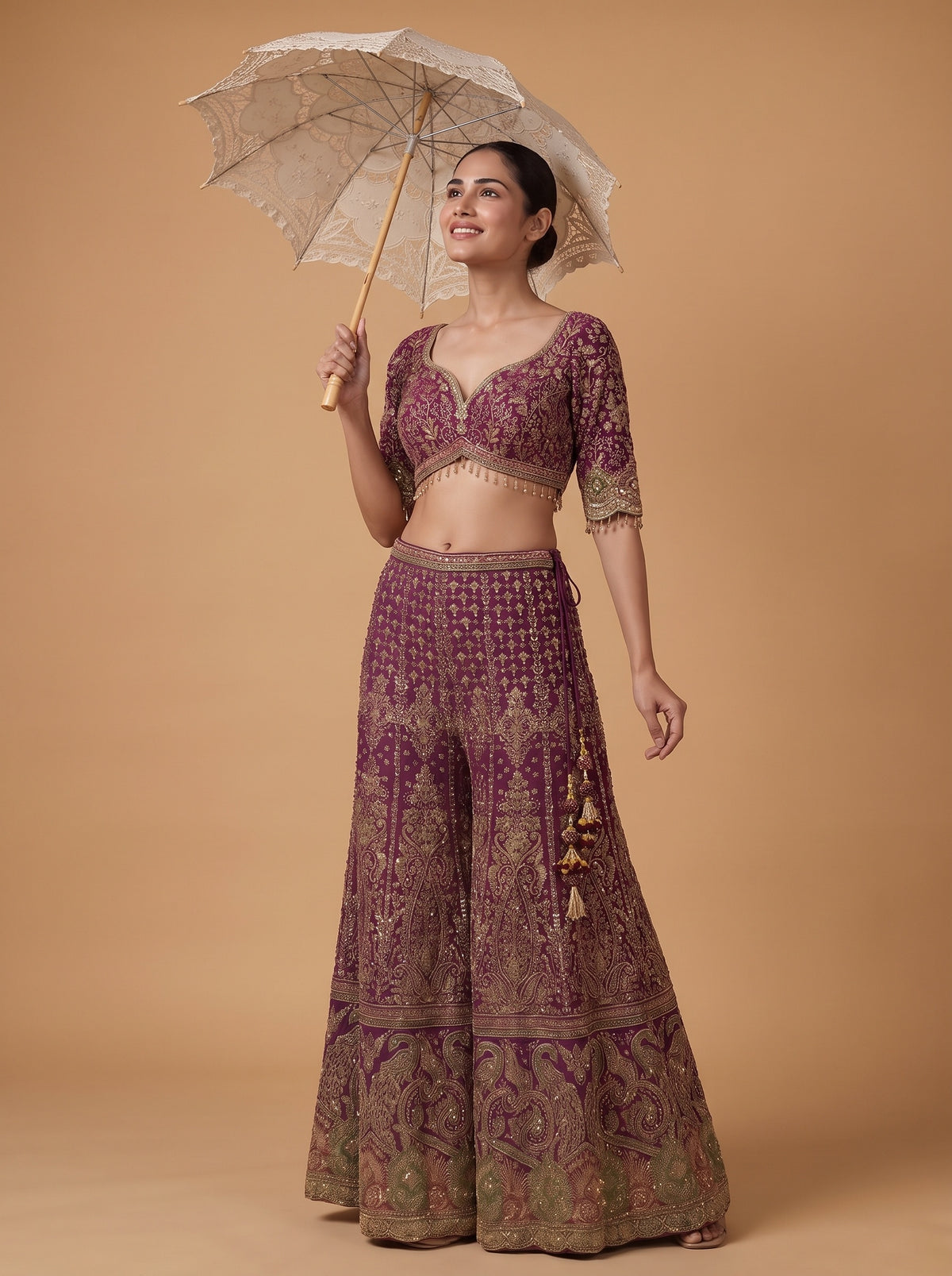 Magenta Mirage Crepe Readymade Crop Top And Sharara Set With Dupatta - mood