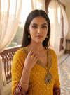 Marigold Mela Mustard Chinon Readymade Peplum Suit And Palazzo With Maroon Net Dupatta - closeup