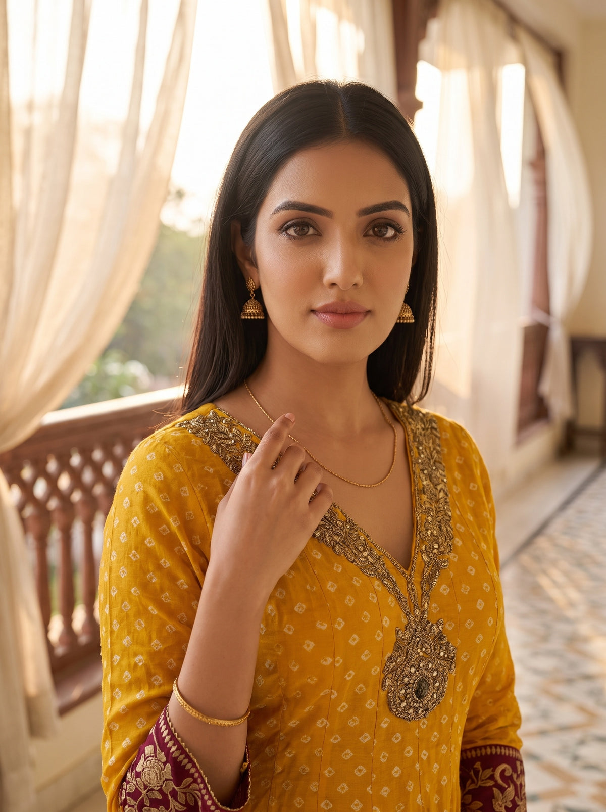 Marigold Mela Mustard Chinon Readymade Peplum Suit And Palazzo With Maroon Net Dupatta - closeup