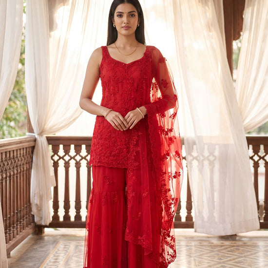 Scarlet Romance Red Net Readymade Sharara Set With Net Dupatta - hero