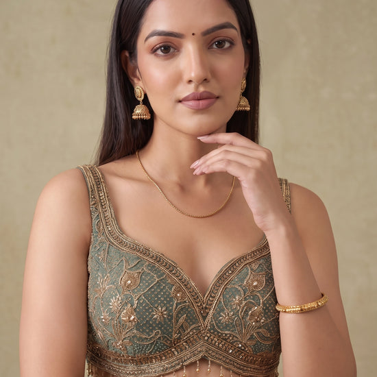 Mint Mehfil Green Crepe Readymade Halter Top And Sharara Set With Cape Dupatta - closeup