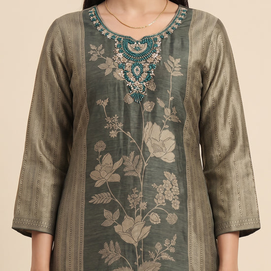 Emerald Sheen Bottle Green Shimmer Readymade Suit And Pant With Silk Dupatta - closeup