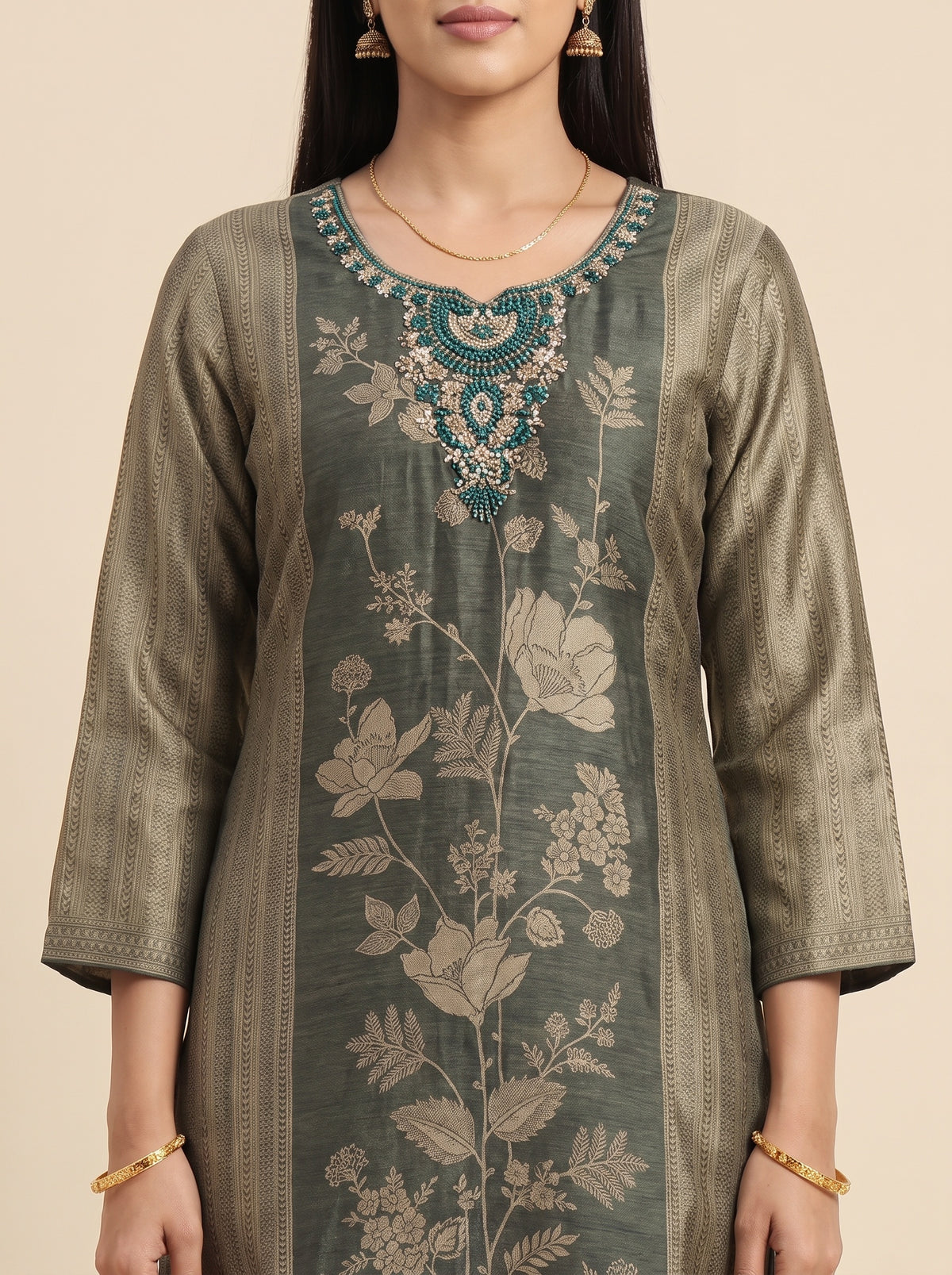 Emerald Sheen Bottle Green Shimmer Readymade Suit And Pant With Silk Dupatta - closeup