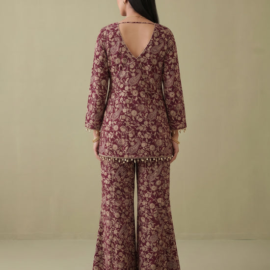 Wine Heritage Garnet Georgette Readymade Embroidered Sharara Set With Net Dupatta - back