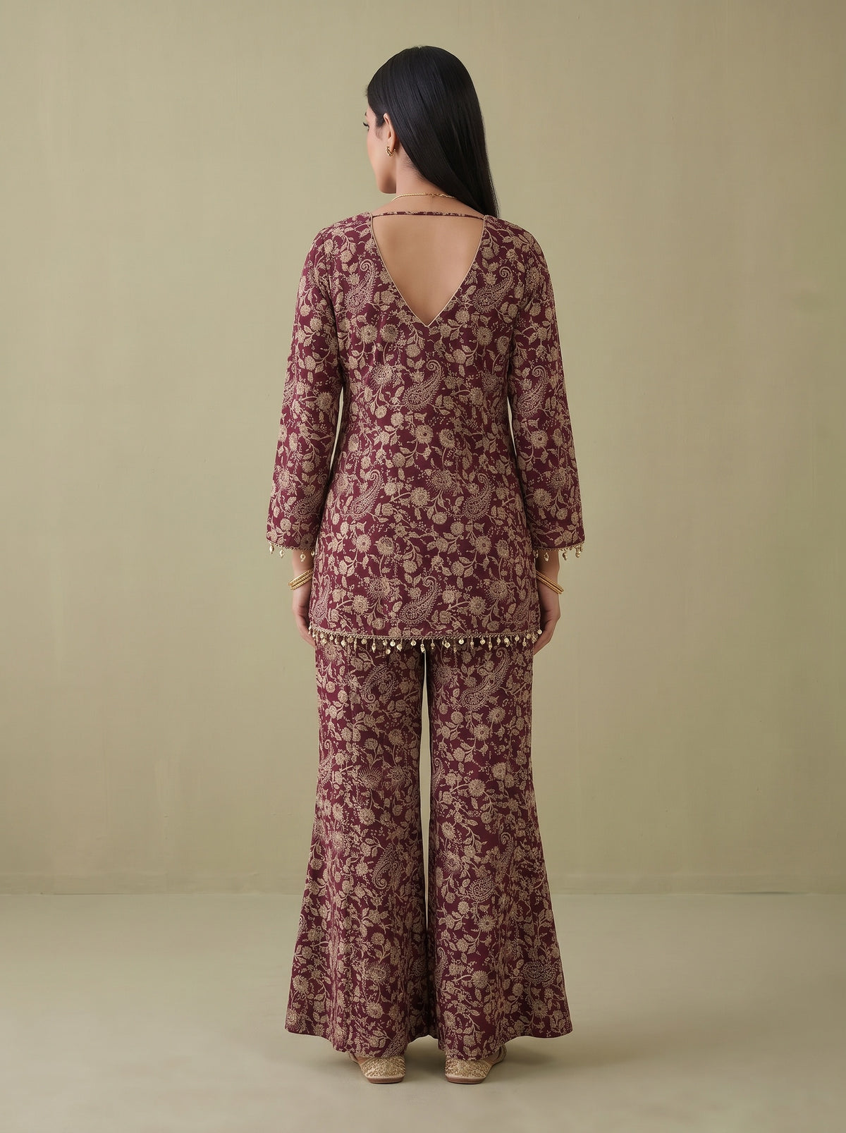 Wine Heritage Garnet Georgette Readymade Embroidered Sharara Set With Net Dupatta - back