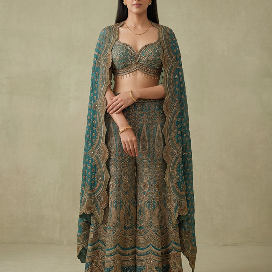 Mint Mehfil Green Crepe Readymade Halter Top And Sharara Set With Cape Dupatta - hero