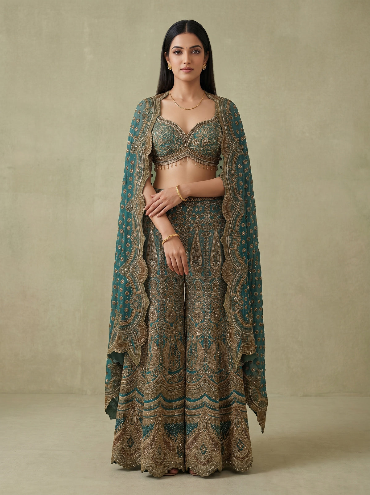 Mint Mehfil Green Crepe Readymade Halter Top And Sharara Set With Cape Dupatta - hero