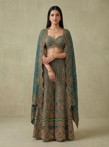 Mint Mehfil Green Crepe Readymade Halter Top And Sharara Set With Cape Dupatta - hero