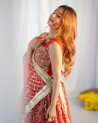 Maroon Georgette Bandhani Print Lehenga Set With Net Dupatta(Ft:- Arti Chauhan)