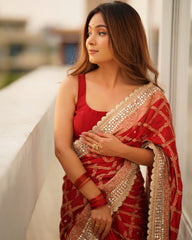 Maroon Satin Swarovski Saree With Unstitched Blouse (Ft:-Arti Chauhan)