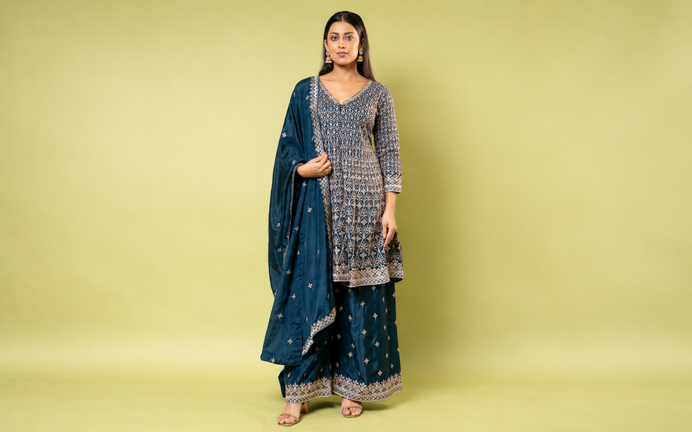 Mustard Crush Tissue Suit Set with Banarasi Silk Dupatta