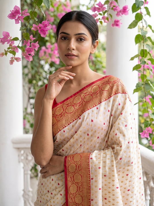 White Maroon Banarasi Silk Saree With Unstitched Blouse