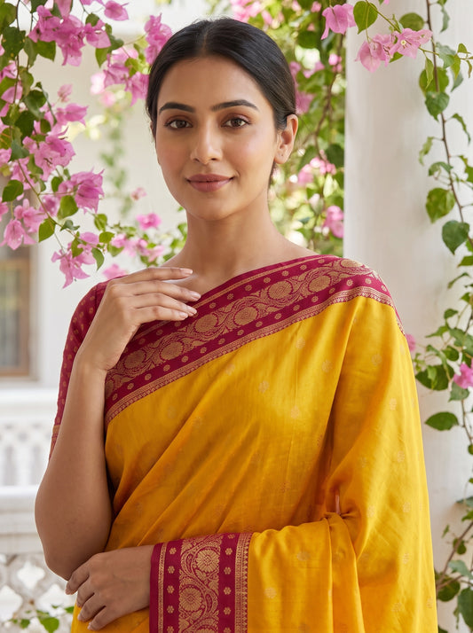 Mango Gold Banarasi Silk Saree With Unstitched Blouse