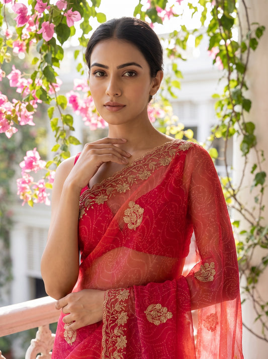 Rani Chiffon Saree With Unstitched Blouse