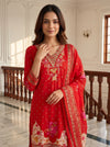 Grace Radefined Red Muslin Readymade Suit And Plazzo with Cotton Dupatta