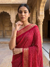 Red Chinon Saree With Unstitched Blouse