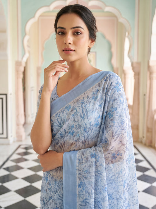 Grey Georgette Saree With Unstitched Blouse