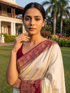 White Maroon Banarasi Silk Saree With Unstitched Blouse