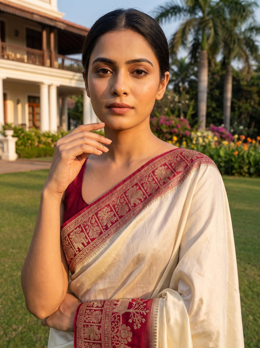 White Maroon Banarasi Silk Saree With Unstitched Blouse